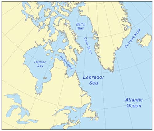 Position du détroit de Davis actuellement, entre le Groenland et le Canada. © Kmusser, <em>Wikimedia Commons</em>, CC by 2.5