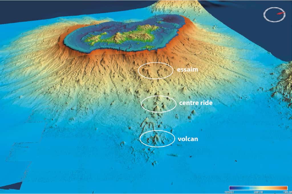 Morpho-bathymétrie de l’île de Mayotte (ancien volcan). L’emplacement du nouveau volcan est entouré. © MAYOBS, Ifremer, CNRS, IPGP, BRGM