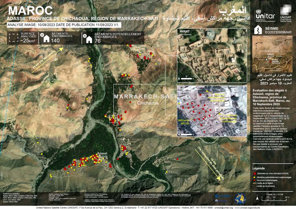 Images satellitaires présentant les destructions relatives au séisme du 8 septembre 2023 au Maroc. © <em>Pleiades material, </em>Cnes (2023), distribution Airbus DS, carte produite par UNITAR/UNOSAT