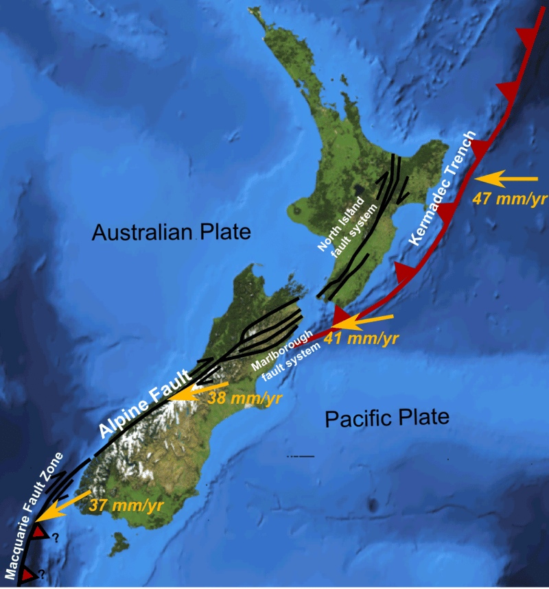 La zone de subduction de Hikurangi se situe au niveau de la fosse de Kermadec, le long de la côte est de la Nouvelle-Zélande. © Mikenorton, <em>Wikimedia Commons</em>, CC by-sa 3.0 
