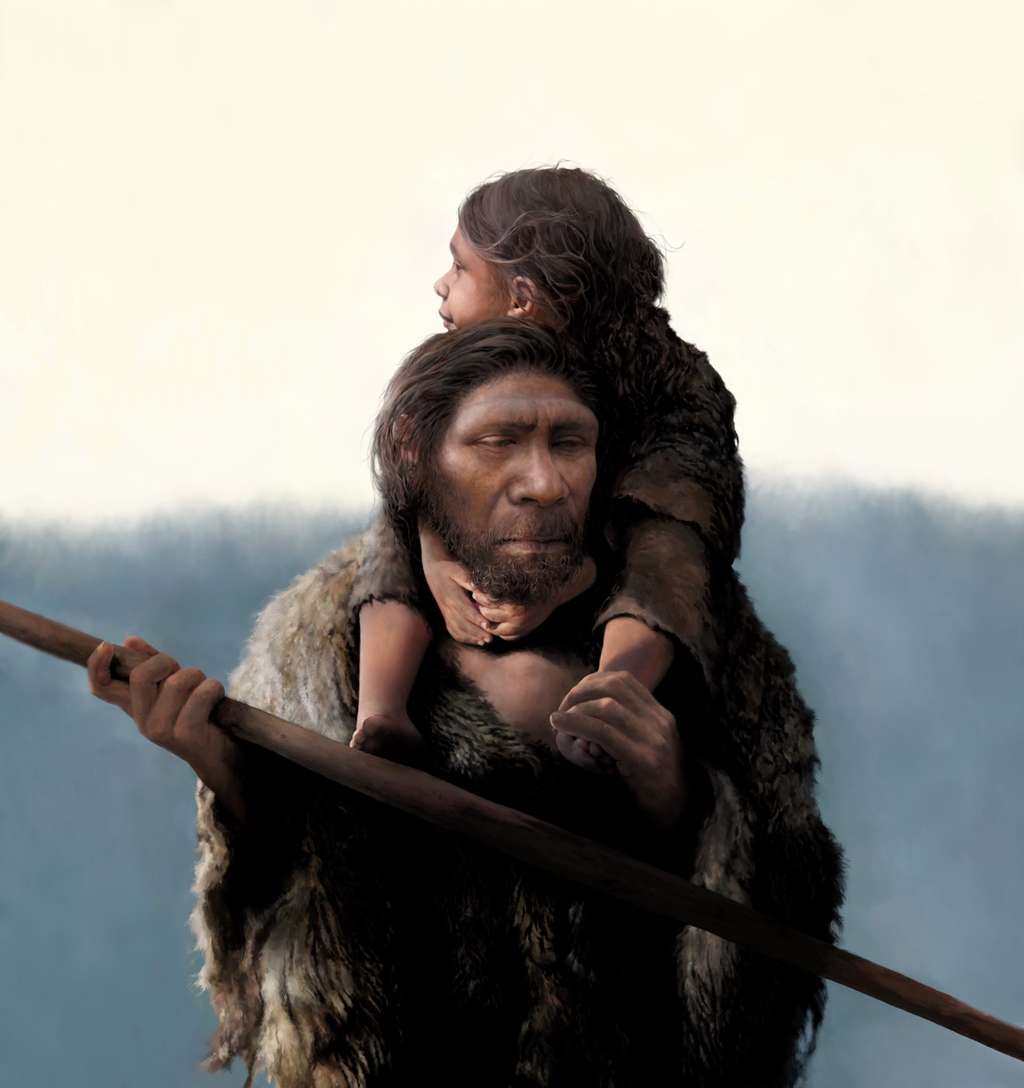 Représentation d'un père néandertal et de sa fille. © Tom Bjorklund, Laurits Skov et <em>al.</em> (2022)
