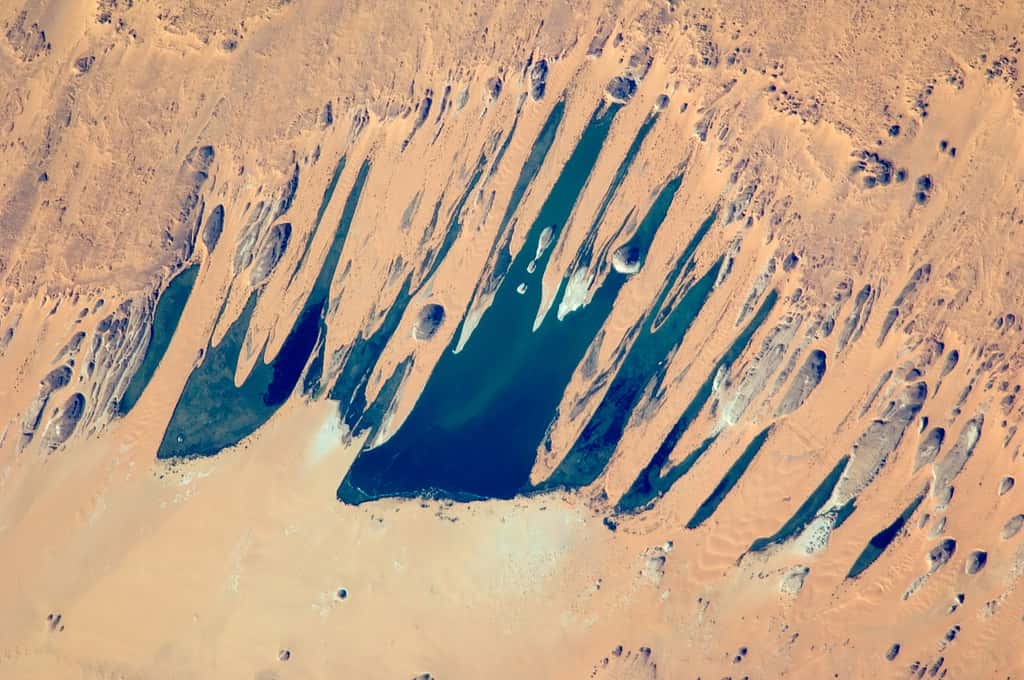 Les lacs d'Ounianga vus depuis l'ISS. © Nasa, <em>Wikimedia Commons</em>, domaine public