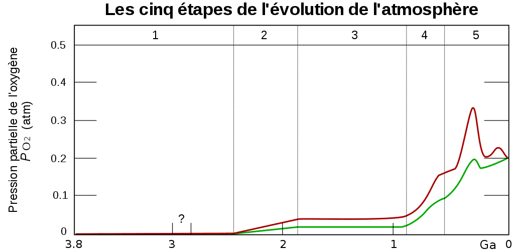 Approximation de l'évolution du taux d'oxygène dans l'atmosphère terrestre au cours du temps. © Ariel Provost (adaptation de la version anglaise), Wikimedia Commons, CC by-sa 4.0 