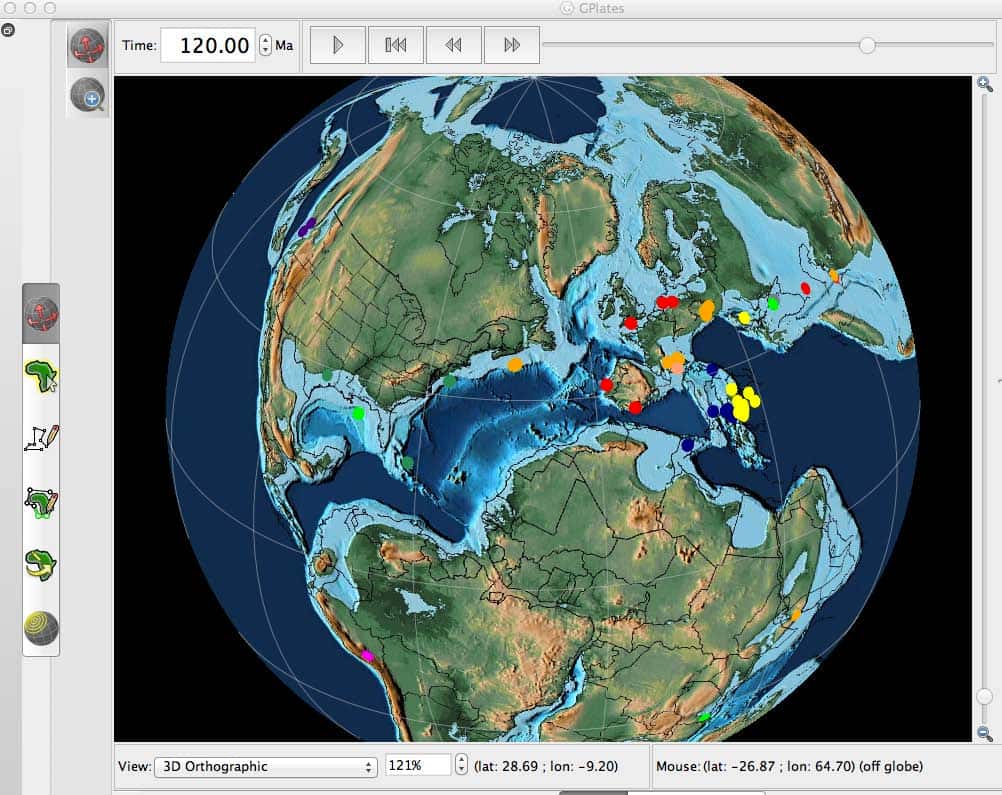 Reconstruction des plaques tectoniques à 120 millions d’années grâce au logiciel GPlate. © GPlate, Earthbyte.org