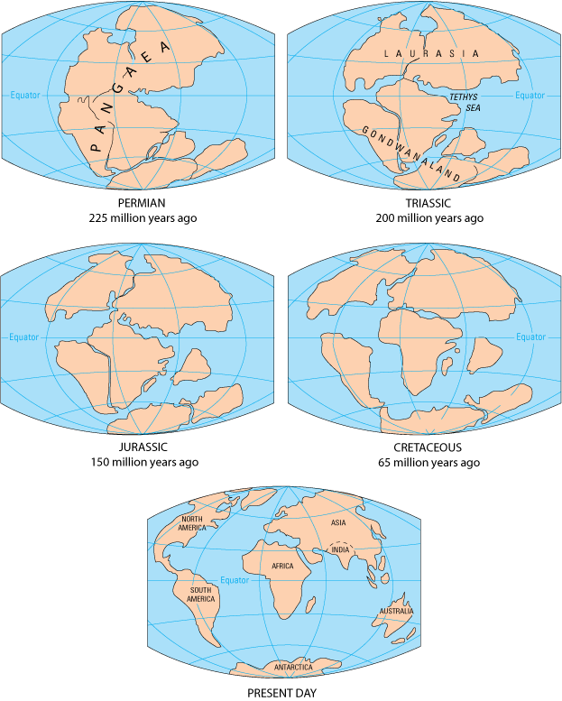 Les phases d’ouverture de la Pangée jusqu’à la configuration présente. © Kious Jacquelyne; Tilling Robert I.; Kiger Martha ; Russel Jane, Wikimedia Commons, domaine public