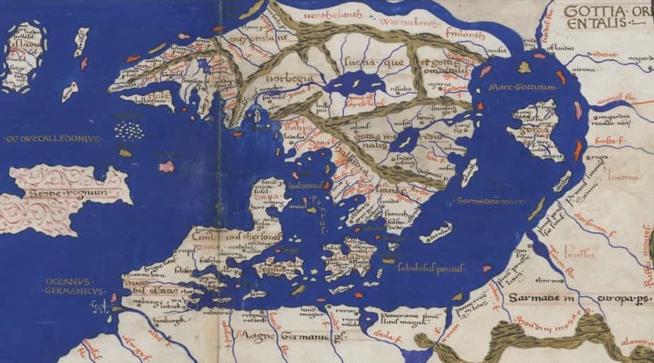Carte de la Scandinavie d’après Ptolémée dans son atlas <em>La Géographie</em>. Le nord est en haut. © National Library of Poland, Wikimedia Commons, domaine public