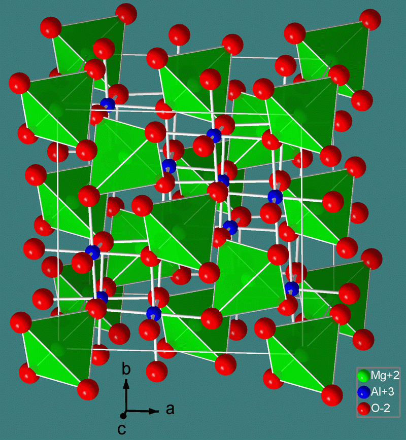 La structure cristalline d'un spinelle © Materialscientist, <em>Wikimedia Commons</em>, cc by-sa 3.0 