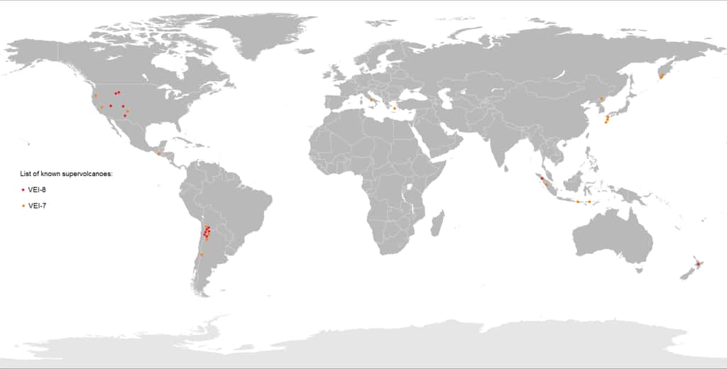 Localisation des super volcans actuels. © Maphobbyist, <em>Wikimedia Commons</em>, CC by-sa 4.0