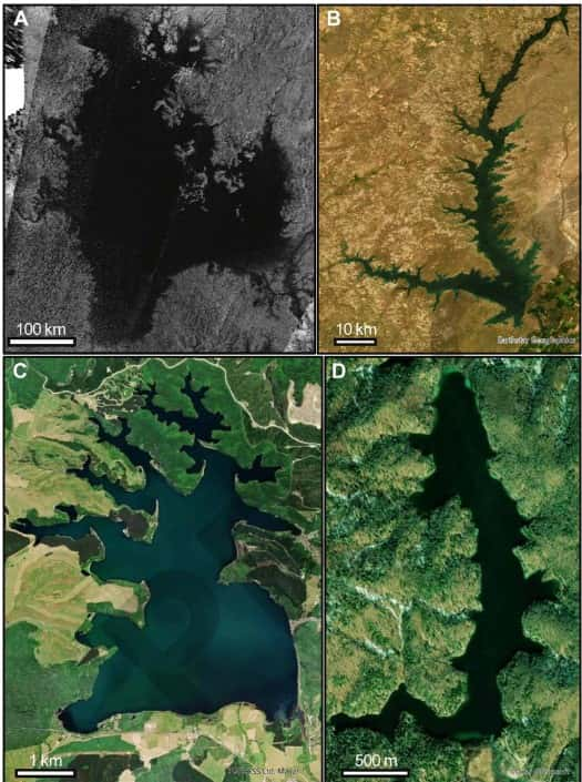 La ressemblance entre les lacs de méthane de Titan (a) et les lacs terrestres permet d'établir des modélisations sur la présence ou non de houle à leur surface. © Palermo et al. 2024, <em>Science Advances</em>