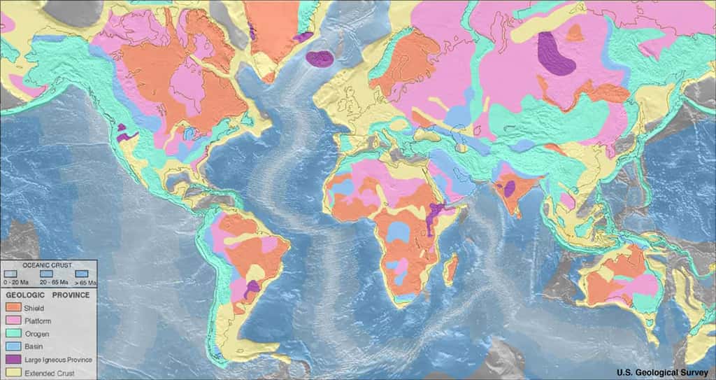Les grandes provinces géologiques de la Terre. Les cratons sont représentés en orange (boucliers). © USGS, <em>Wikimedia Commons</em>, domaine public 