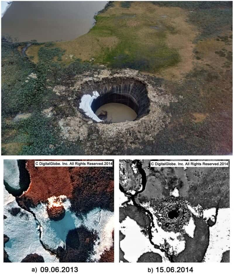 Le cratère de Yamal, en Sibérie, s'est formé par accumulation de méthane sous la surface ayant entraîné une explosion. © Sergey N. Buldovicz, Vanda Z. Khilimonyuk, Andrey Y. Bychkov, Evgeny N. Ospennikov, Sergey A. Vorobyev, Aleksey Y. Gunar, Evgeny I. Gorshkov, Evgeny M. Chuvilin, Maria Y. Cherbunina, Pavel I. Kotov, Natalia V. Lubnina, Rimma G. Motenko & Ruslan M. Amanzhurov, <em>Wikimedia Commons</em>, cc by 4.0