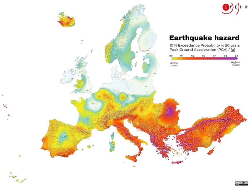 Carte de l'aléa sismique en Europe. Les zones en rouge et violet correspondent à celles où la vibration du sol la plus importante est attendue. © Danciu et <em>al.</em>, 2021