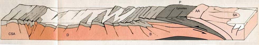 Début de la phase de collision, la Téthys alpine s’est entièrement fermée, une partie des roches de l’ancien plancher océanique passe en subduction alors qu’une autre est obductée (ophiolites). Intense déformation avec développement de chevauchements, de plis et de charriages. © Christian Nicollet