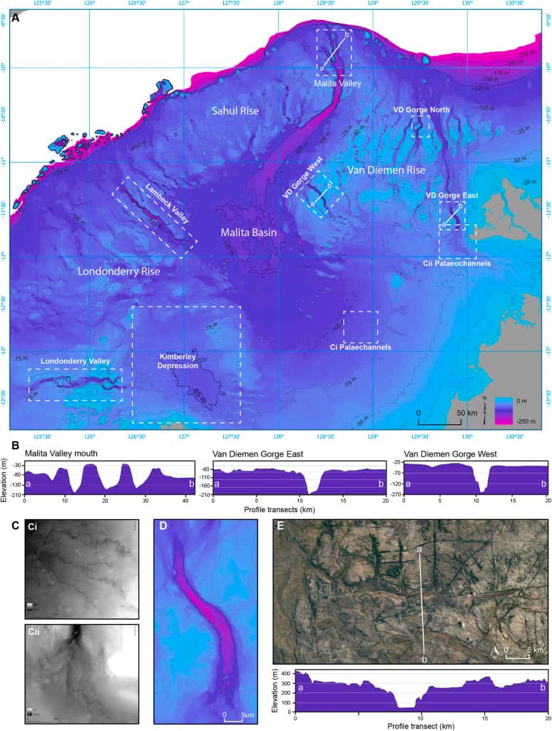 La carte bathymétrique révèle les tracés des anciennes rivières et de la topographie de cet ancien territoire aujourd'hui submergé au large de l'Australie. © Norman et al. 2024, <em>Quaternary Science Reviews</em>