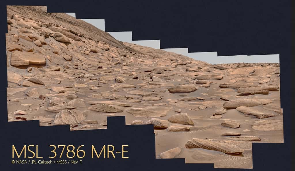Image du paysage martien contenant des blocs bien lités, certains possédant des protrusions en forme d'aiguilles © Nasa/JPL-Caltech/MSSS/NeV-T
