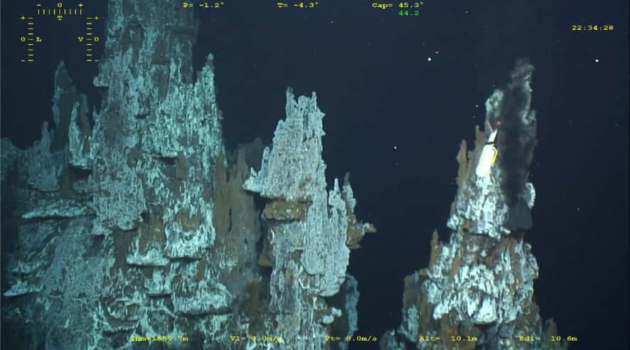 Les cheminées hydrothermales du site Capelinhos crachent un fluide très acide, chaud et chargé en métaux lourds. Cela n'empêche cependant pas la vie d'y être présente © Ifremer - Momarsat
