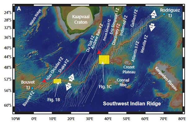 Localisation des échantillons prélevés au niveau de la dorsale sud-ouest indienne, qui sépare les plaques antarctique et africaine. © Liu et <em>al.</em> 2022, Science Advances, CC by-nc 4.0
