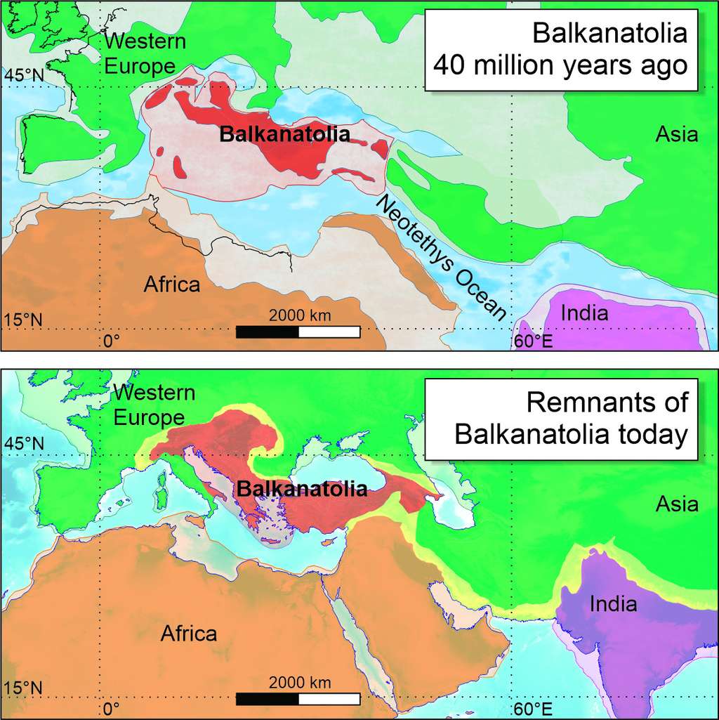 Cartes montrant l'emplacement des îles de la Balkanatolie il y a 40 millions d'années (en haut) et les restes de ces terrains à l'heure actuelle (en bas). © Alexis Licht et Grégoire Métais