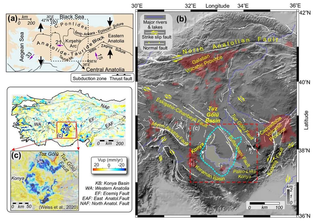 Carte présentant la localisation du plateau d'Anatolie centrale et du bassin de Konya (c). © <em>Andersen et al. 2024, Nature</em> Communications