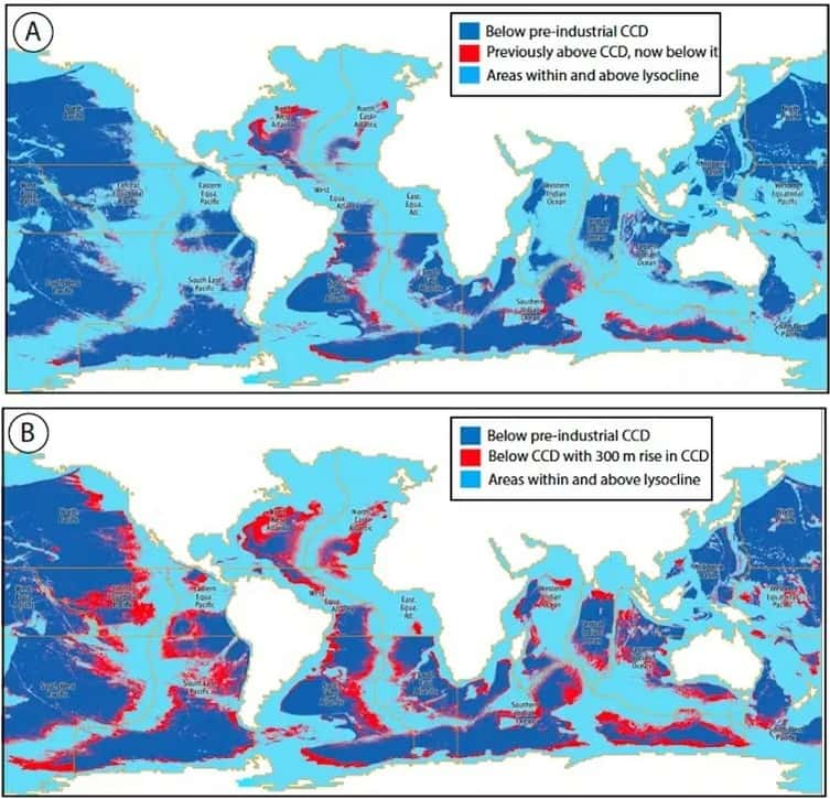 Carte A : en rouge, les zones du fond océanique qui se retrouve aujourd'hui sous la CCD par rapport à l'ère pré-industrielle. Carte B : en rouge, les zones qui seraient affectées dans le cas d'une hausse de 300 mètres de la CCD. © Mark John Costello et Peter Townsend Harris, CC BY-SA