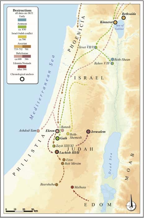 Carte des différentes campagnes militaires relatées dans l'Ancien Testament et attestées par les fouilles archéologiques. © Itamar Ben-Ezra, CC BY