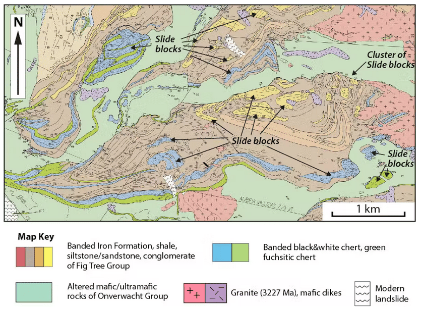 Carte géologique de la <em>Barberton Greenstone Belt</em> présentant des blocs détachés provenant du domaine peu profond (slide blocks). © Cornel de Ronde, CC by-sa