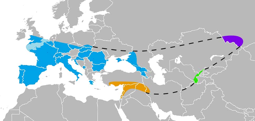 Carte présentant l'extension avérée de Néandertal. © Nilenbert, Nicolas Perrault III, <em>Wikimedia Commons</em>, CC by-sa 3.0 