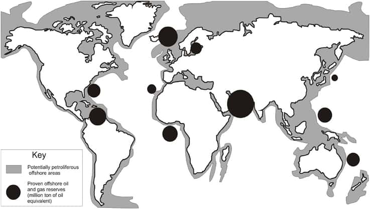 Carte présentant la distribution mondiale du pétrole offshore : en gris les réserves potentielles, en noir les réserves prouvées. © Cordes et al. 2016, Frontiers, CC By 4.0