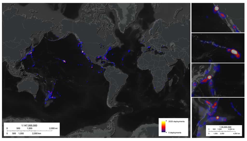 Carte présentant les zones visuellement explorées de l'océan profond entre 1958 et 2024. © <em>Ocean Discovery League</em>