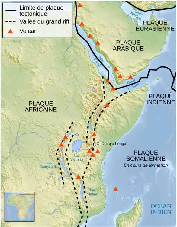 Carte présentant la localisation du rift est-africain (entre les pointillés). © Sémhur, <em>Wikimedia Commons</em>