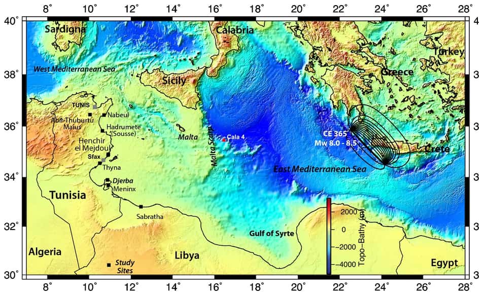 Carte localisant l'épicentre du séisme du 21 juillet 365 ainsi que les principales villes impactées par le tsunami © Bahrouni <em>et al.</em> 2024, <em>Scientific Reports</em>