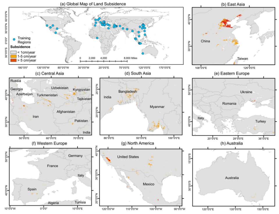 Carte mondiale de la subsidence liée à la perte de capacité de stockage des aquifères. © Hasan et <em>al.,</em> 2023, <em>Nature Communications</em>, CC by 4.0 Deed 