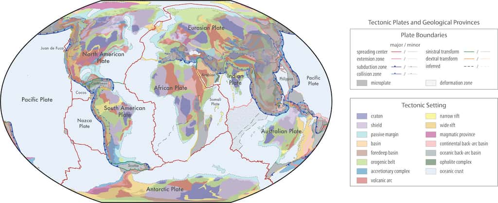 Nouvelle carte des plaques tectoniques et des provinces géologiques. © Hasterok et <em>al,</em>. 2022, <em>Earth Science Reviews</em>