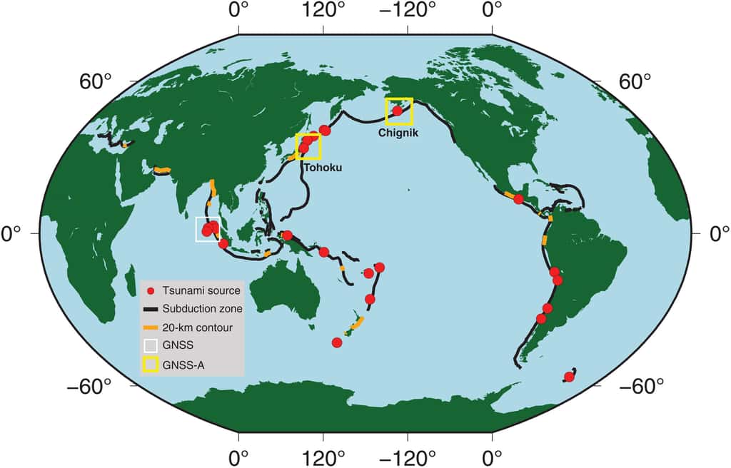 Carte des zones de subduction pouvant générer des tsunamis (en rouge, les précédents événements de ce type depuis 1990). © Brooks et al. 2023, <em>Science Advances</em>