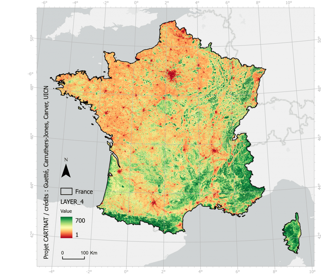 Carte montrant le gradient de naturalité potentielle du territoire français métropolitain © Projet CARTNAT, Guetté, Carruthers-Johnes, Carver, IUCN