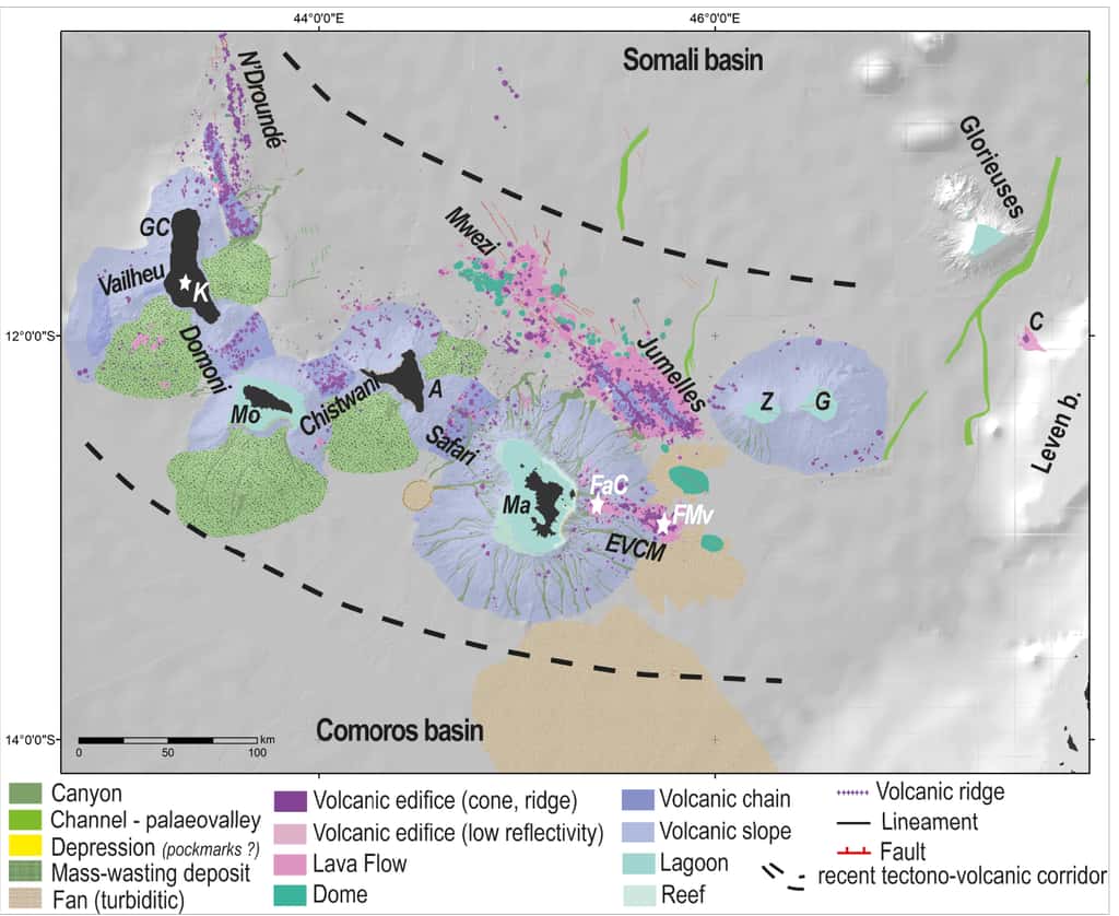 Les campagnes en mer ont permis d'identifier de très nombreux volcans sous-marins au niveau de la limite entre les plaques Somalie et Lwandle. © Thinon et <em>al.</em>, 2022, <em>Comptes Rendus Geoscience</em>, CC by-sa 4.0