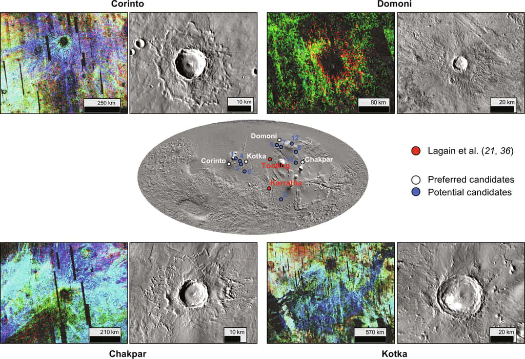 Emplacement des cratères identifiés comme potentielle source des météorites martiennes. Les principaux (hormis celui de Tooting) sont présentés ici en photo. © <em>Herd et al. 2024 Science Advances</em>