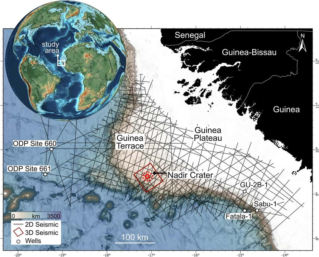 Localisation du cratère Nadir, au large de la Guinée, sur le plateau continental. © Nicholson et <em>al., </em>2024<em>, Communications earth and environment</em>