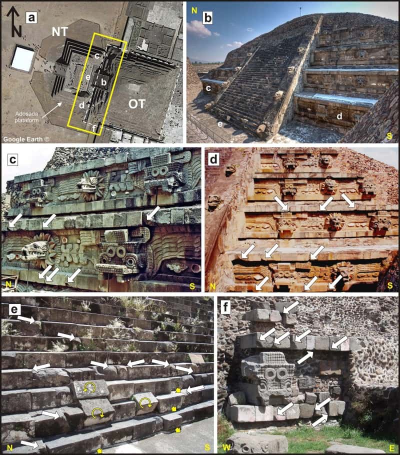 Les blocs basculés, ou aux coins cassés sont des indices typiques de dégâts liés à des séismes. © Pérez-López et al. 2024, <em>Journal of Archaeological Science : Reports</em>
