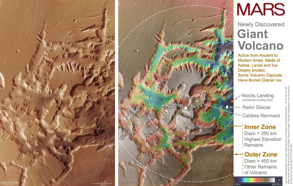 Détails du volcan <em>Noctis</em>, très largement érodé. © À gauche : image de Mars Express HRSC, ESA/DLR/FU Berlin CC BY-SA 3.0 IGO ; À droite : modèle digital d'élévation Nasa MGS Mola. Interprétation géologique par Pascal Lee et Sourabh Shubham 2024