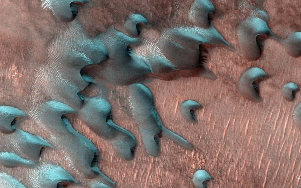 Ces dunes en croissant sont encore recouvertes de givre, en particulier leur face protégée du soleil, orientée vers le nord © Nasa/JPL-Caltech, <em>University of Arizona</em>