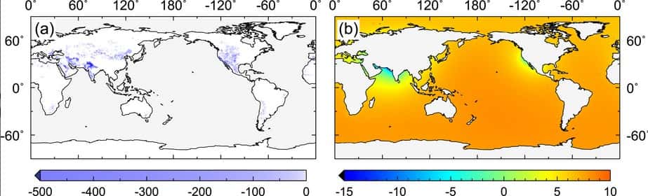 Les zones de pompage les plus importantes sont situées dans les moyennes latitudes de l'hémisphère nord (a), induisant une hausse du niveau marin (b). © Seo et al. 2023, <em>Geophysical Research Letters</em>, CC by-nc-nd 4.0