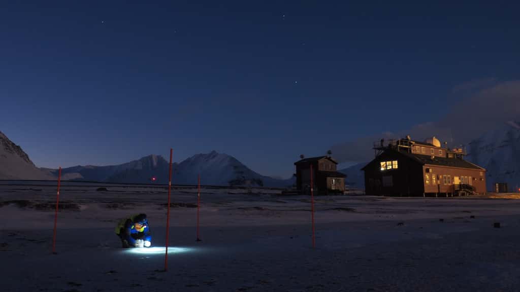 Échantillonnage de glace dans la nuit polaire, à proximité de Ny-Ålesund, sur l'île norvégienne arctique du Spitzberg. © Marco Vecchiato
