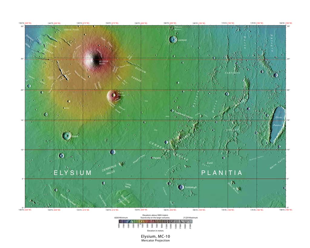 Carte d'Elysium Planitia. © USGS (<em>United States Geological Survey</em>), <em>Wikimedia Commons</em>, domaine public