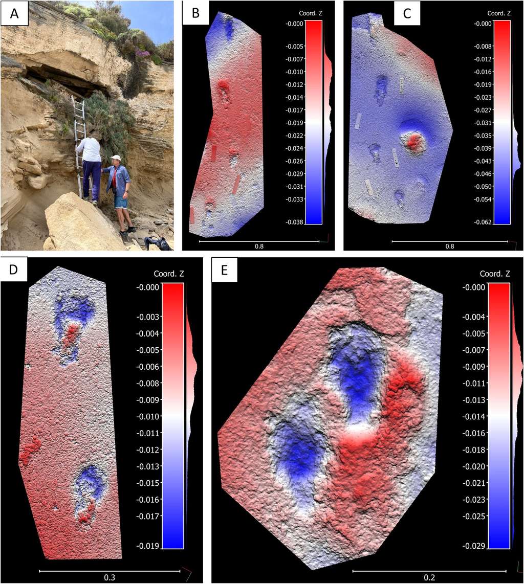 Empreintes de pas découvertes dans une cavité de la côte du Cap. © Helm et <em>al.</em> 2024, <em>Ichnos</em>