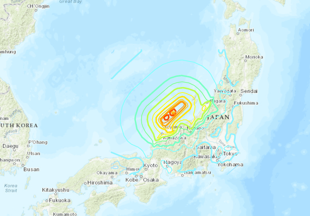 Carte présentant l'épicentre du séisme du 1<sup>er</sup> janvier 2024 (étoile) et les zones où le séisme a été plus ou moins ressenti. © USGS