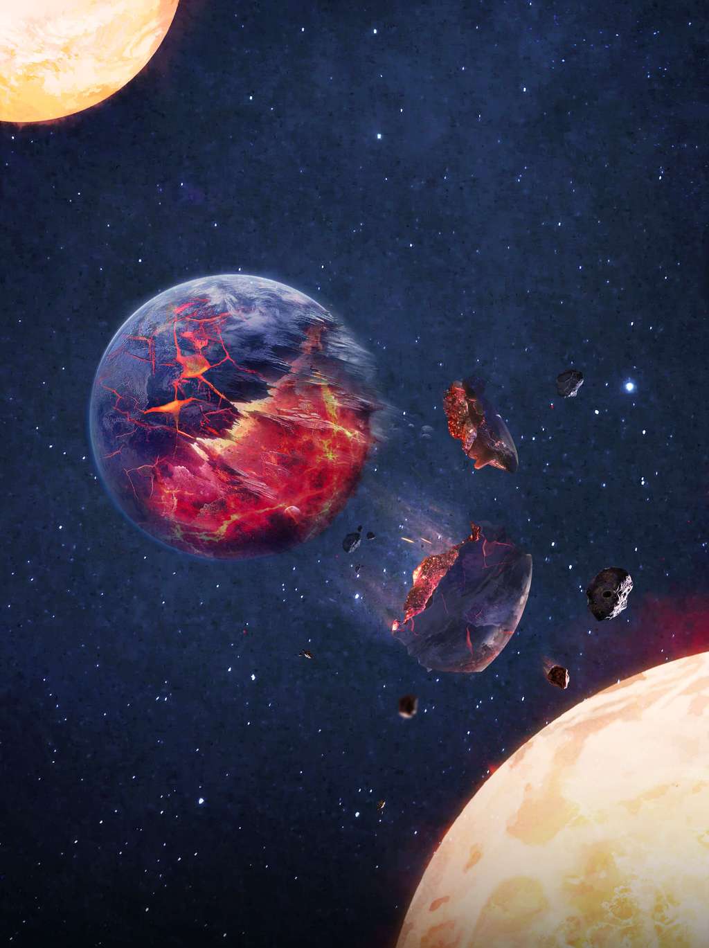 Vue d'artiste d'une étoile double avalant une jeune planète rocheuse. © intouchable, OPENVERSE