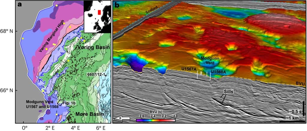 À gauche, une carte de la région où ont eu lieu les forages. En vert, les bassins sédimentaires Crétacé. Les points noirs représentent les évents hydrothermaux associés à la formation de la Province ignée de l’Atlantique Nord. À droite, un bloc sismique 3D où l'on voit une coupe au niveau d'un paléo-fond océanique (en couleur). Les trous représentent les évents hydrothermaux par où se sont échappés les gaz à effet de serre et notamment le méthane. Les réflecteurs sismiques épais annotés « <em>sills</em> » représentent les injections de magma dans les sédiments. © Berndt et al. 2023, Nature Geoscience, CC by 4.0