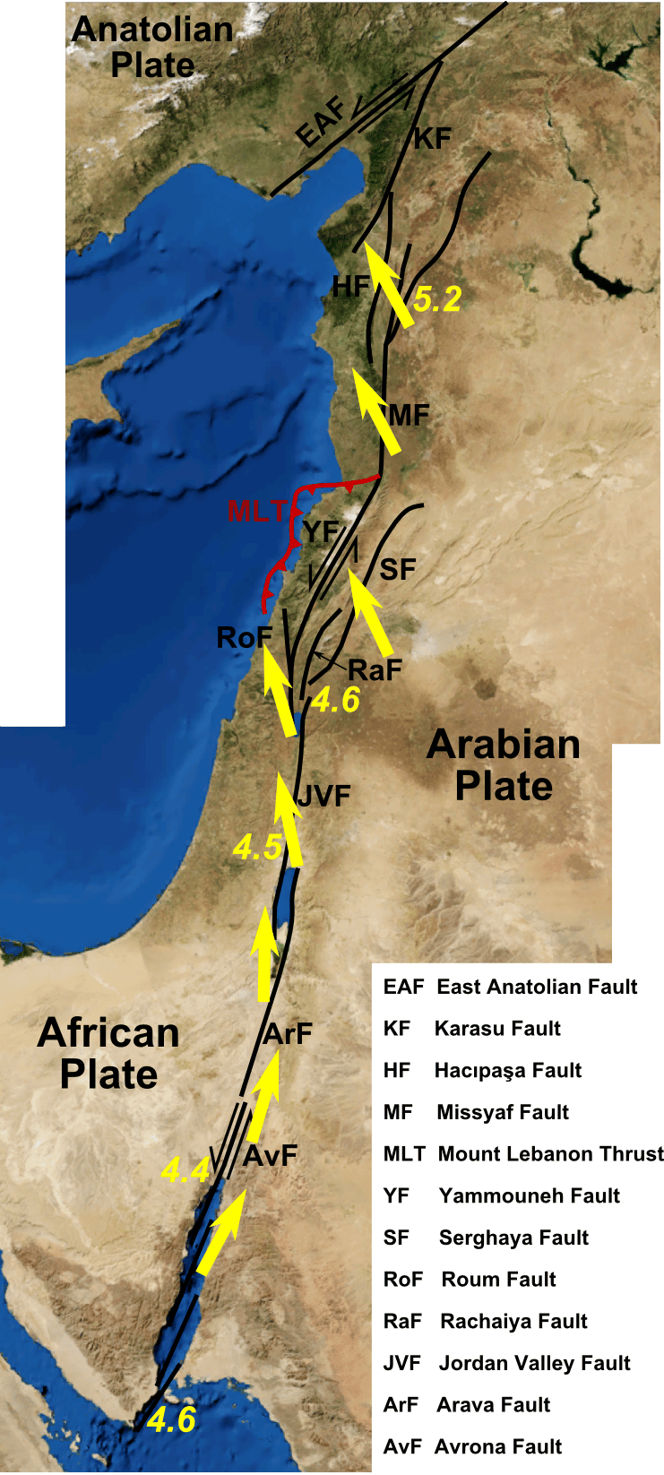 La connexion entre la faille du Levant (qui s'étire du nord au sud) et la faille est-anatolienne s'opère dans la province d'Hatay, qui connaît actuellement de nombreuses répliques sismiques. © Mikenorton, Wikimedia Commons, CC BY-SA 3.0