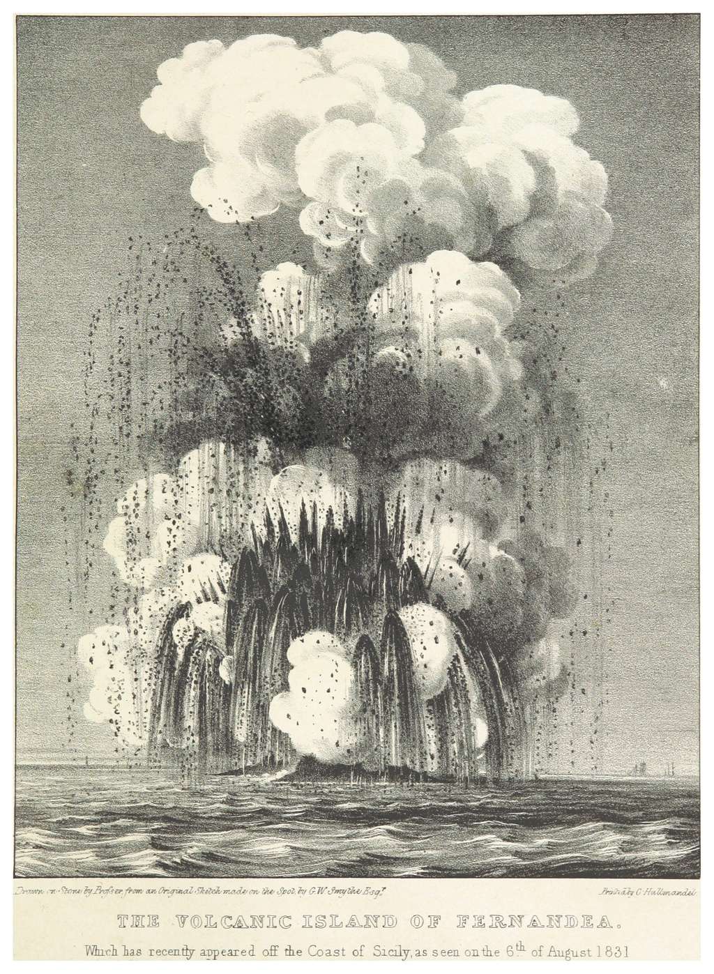 Une éruption a bien eu lieu sur le Ferdinandea en août 1831. Mais il pourrait s'agir d'un faux suspect ! © <em>British Library, Wikimedia Commons</em>, domaine public